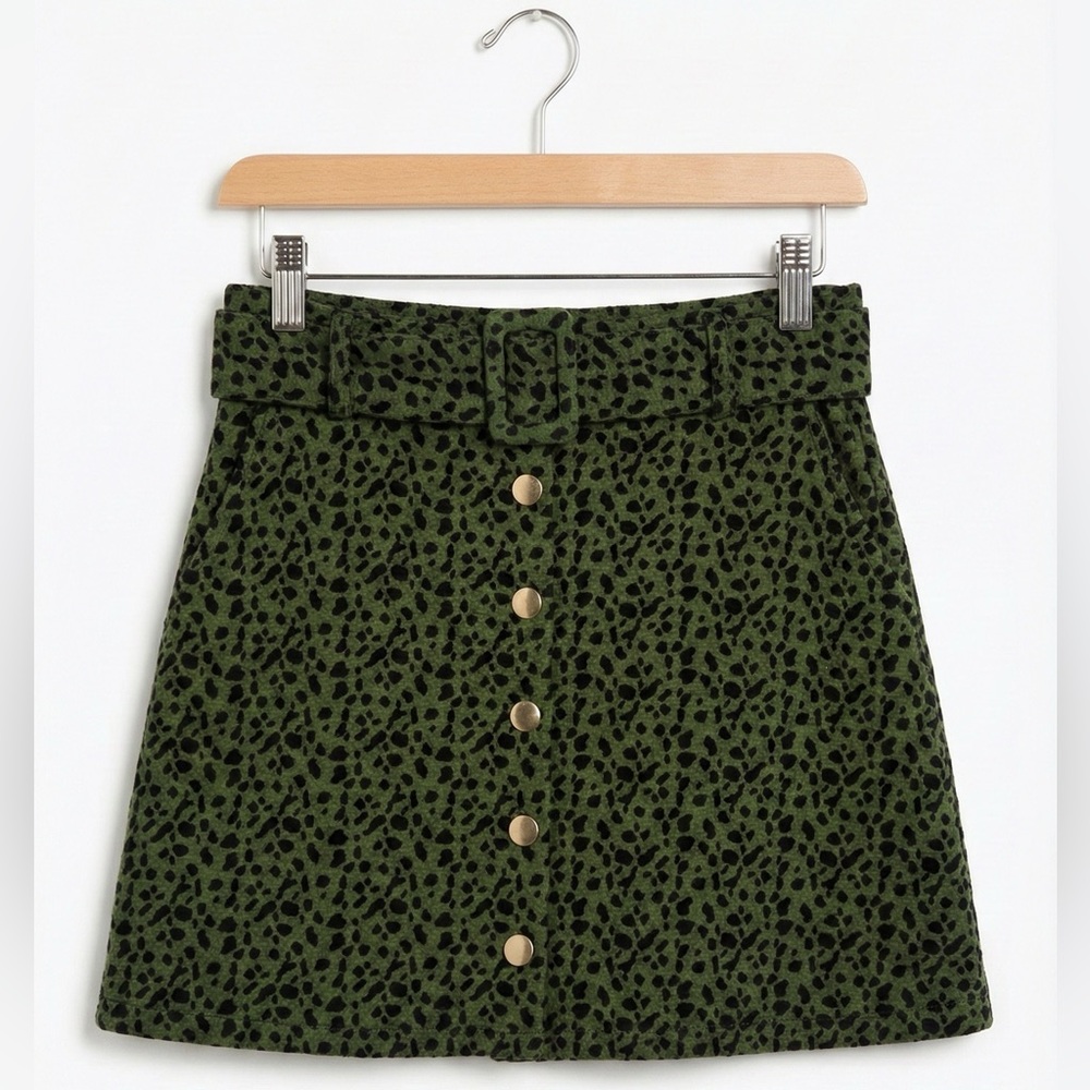 Zara Green Leopard Print Button Front Mini Skirt  High Waist Animal Print M